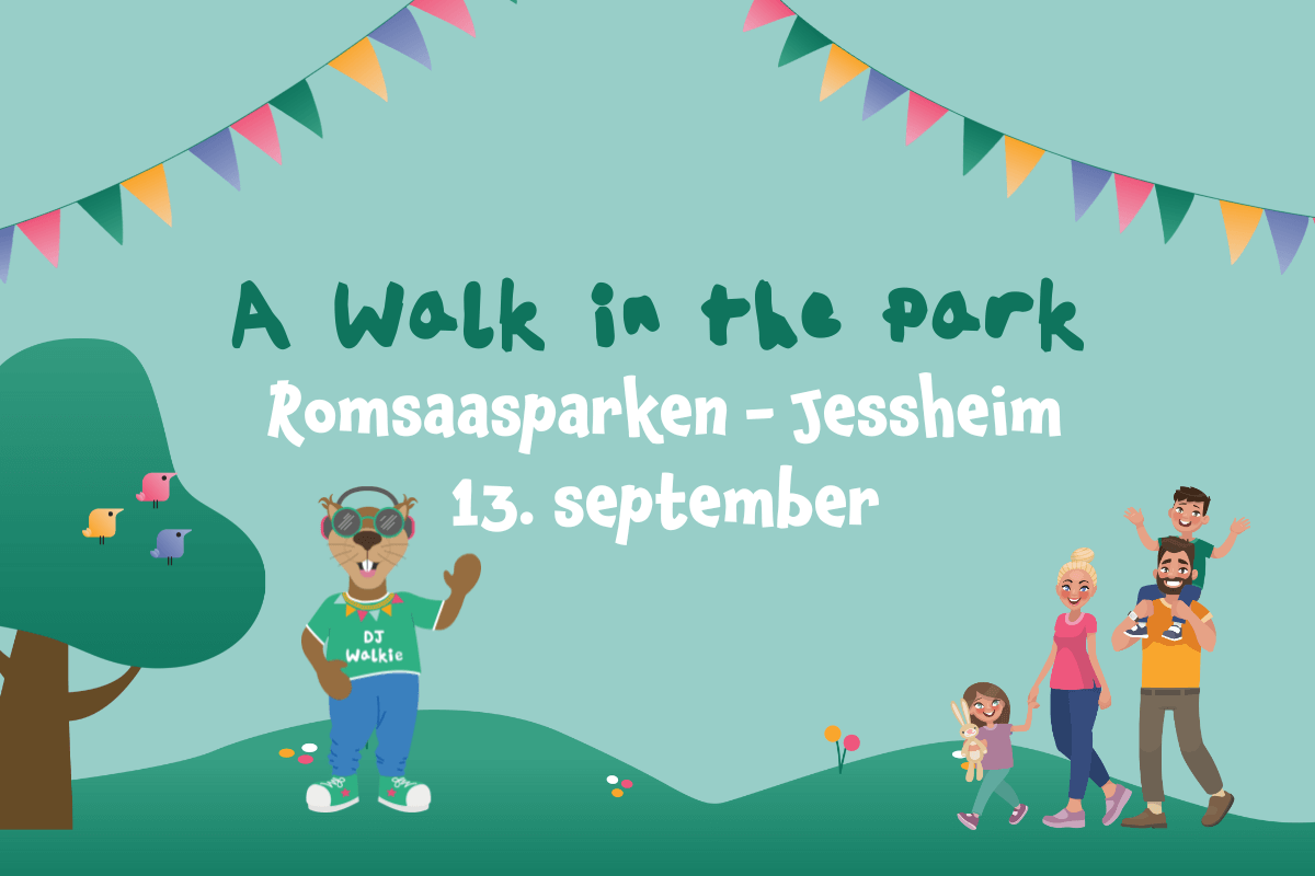 Plakat for familiefestivalen A Walk in the Park på Jessheim med maskoten og en mor med en datter mot grønn bakgrunn