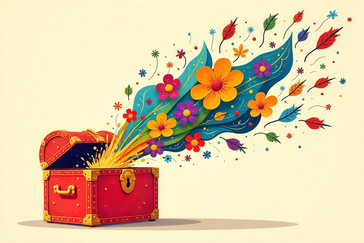 En rød skattekiste åpner seg og fargerike blomster, blader og mønstre strømmer ut som en magisk eksplosjon