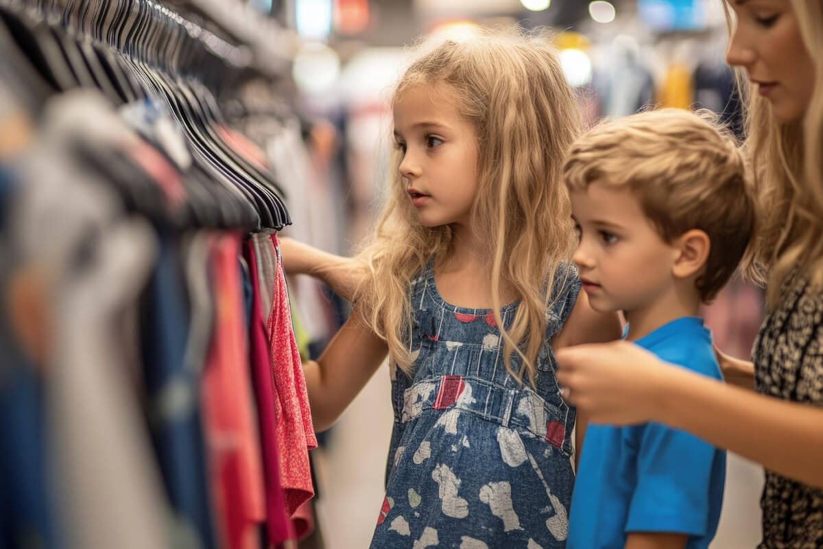 Jente og gutt og en mor som ser på klær som henger på et stativ som illustrasjonsbilde for bruktsalg i Elverumshallen