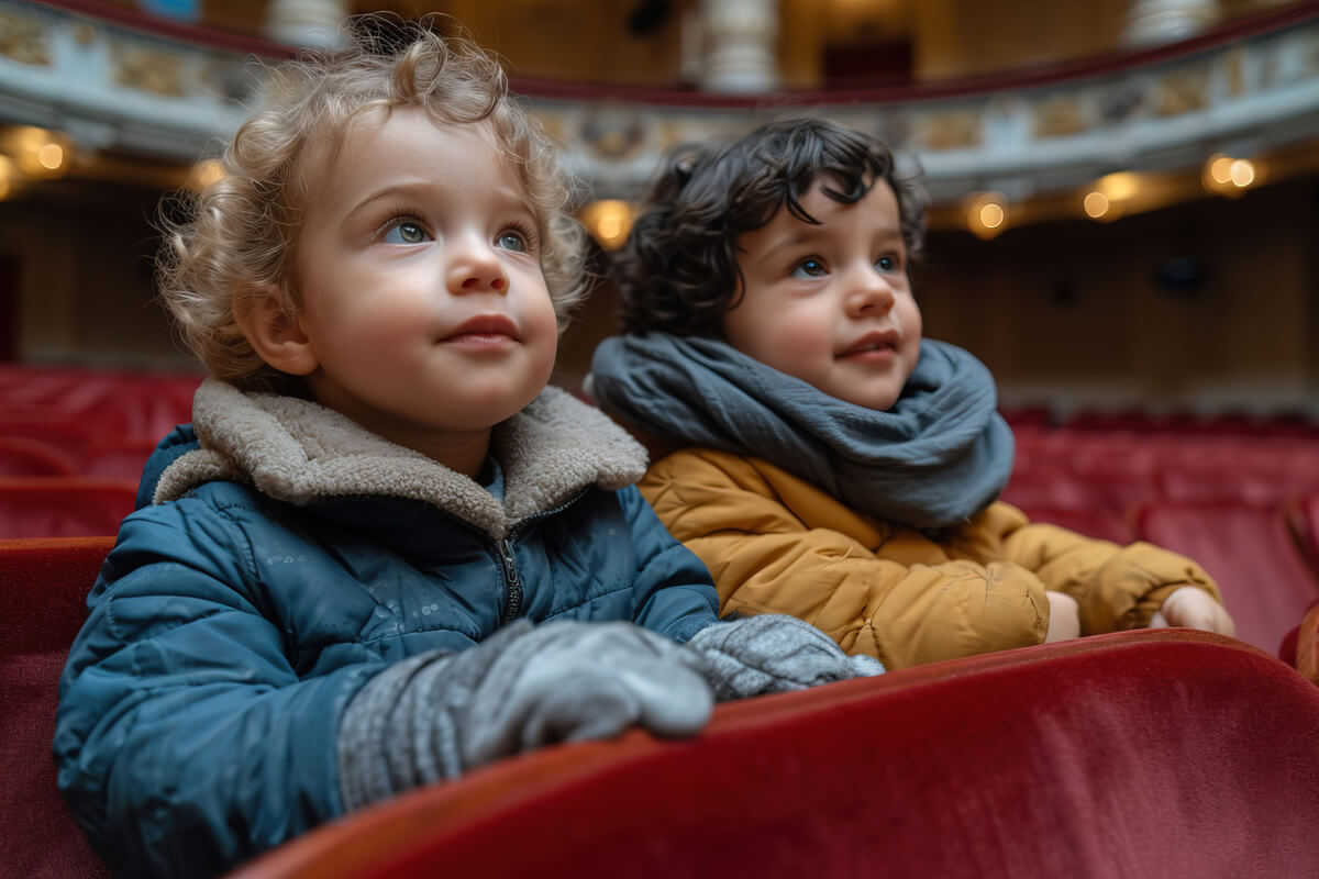 To små barn med vinterklær sitter i teatersalen og ser spent mot scenen, som illustrasjonsbilde for beskrivelsen av barneomvisning på Den Norske Opera & Ballett