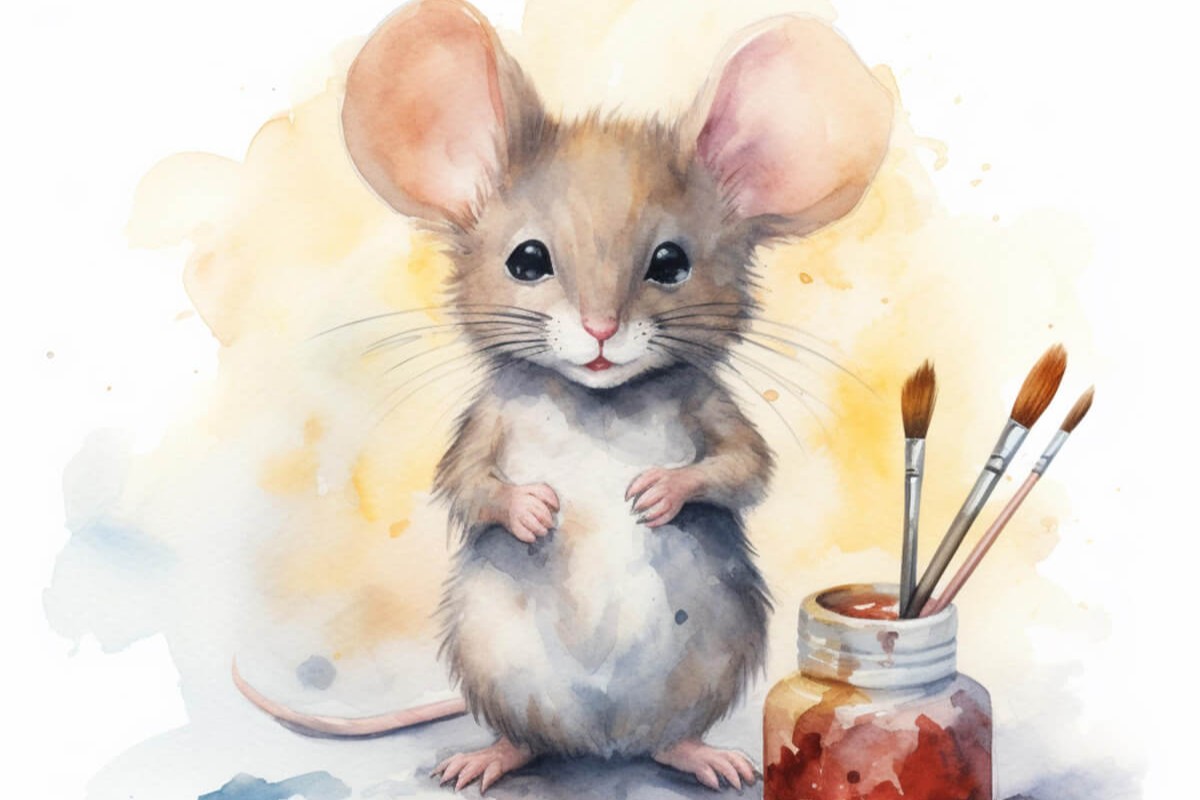Illustrasjon av mus som står på bakbeina og stirrer rett fram med pensler ved siden av som illustrasjon for Barnas kunstfest på MUNCH