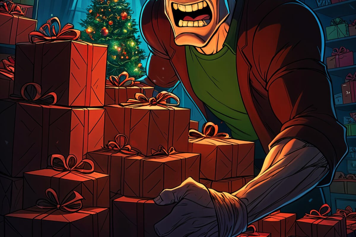 Illustrasjon med tyv som stjeler julegaver fra et bord som illustrasjon til Jakten på Juleskurken på Drammens Teater