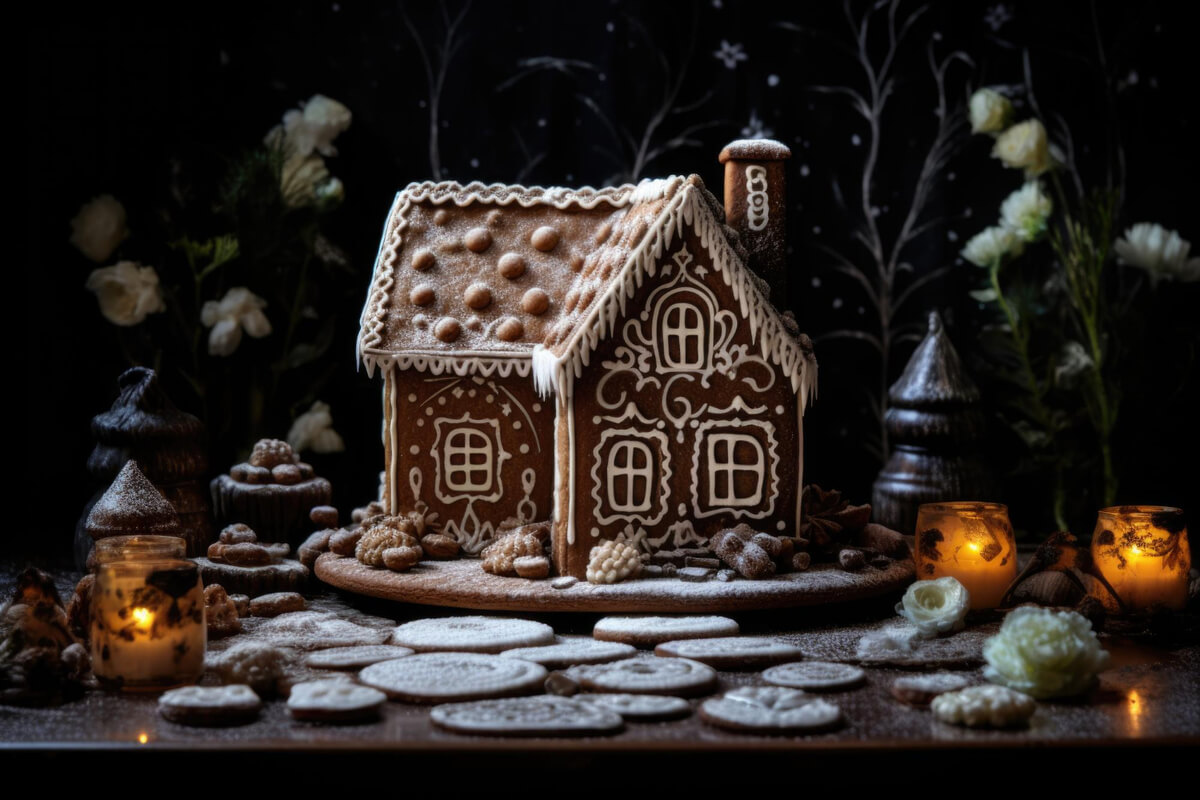 Pepperkakehus i skogen som illustrasjon til Hans og Grete med Brageteatret i Lørenskog hus