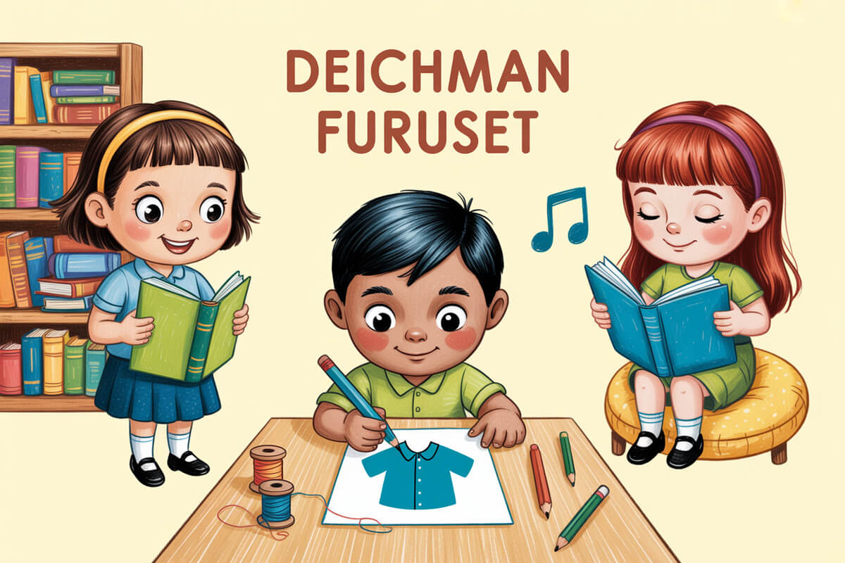 Illustrasjon av tre barn som leser og tegner på biblioteket, med teksten «Deichman Furuset» i bakgrunnen som illustrasjonsbilde til beskrivelsen av Familielørdag på biblioteket