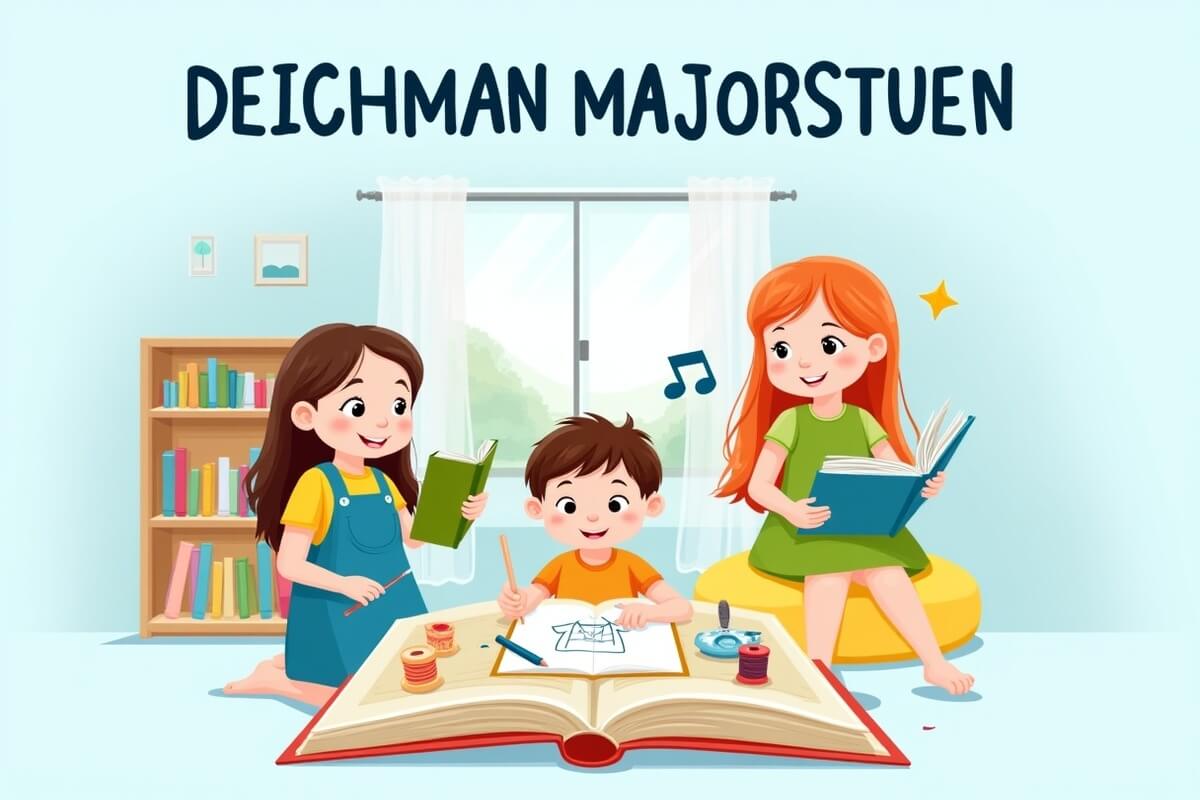 Illustrasjon av barn som leser og gjør hobbyaktiviteter, brukt som illustrasjonsbilde for Barnas lørdag – aktiviteter for barn på Deichman Majorstuen