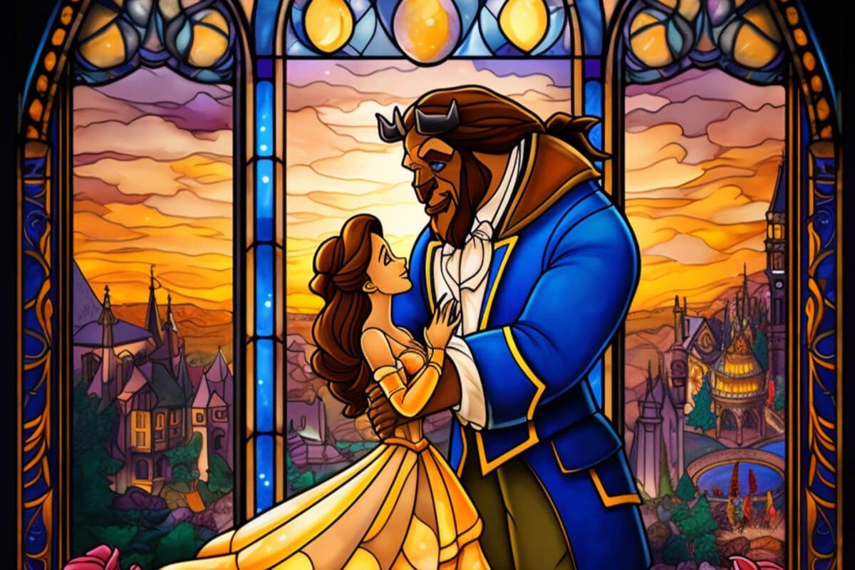 Illustrasjon Skjønnheten og Udyret med en landsby med kveldshimmel over i bakgrunnen som illustrasjon for Skjønnheten og Udyret jr i Asker kulturhus