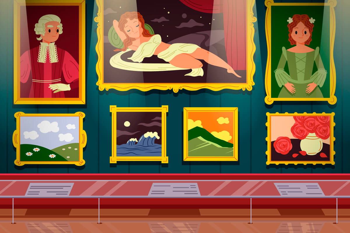 Illustrasjon av en kunstutstilling med malerier av mennesker, landskap og blomster hengt opp på en museumvegg som illustrasjonsbilde for arrangementsbeskrivelsen av folkeverksted på KODE i Bergen i helgene