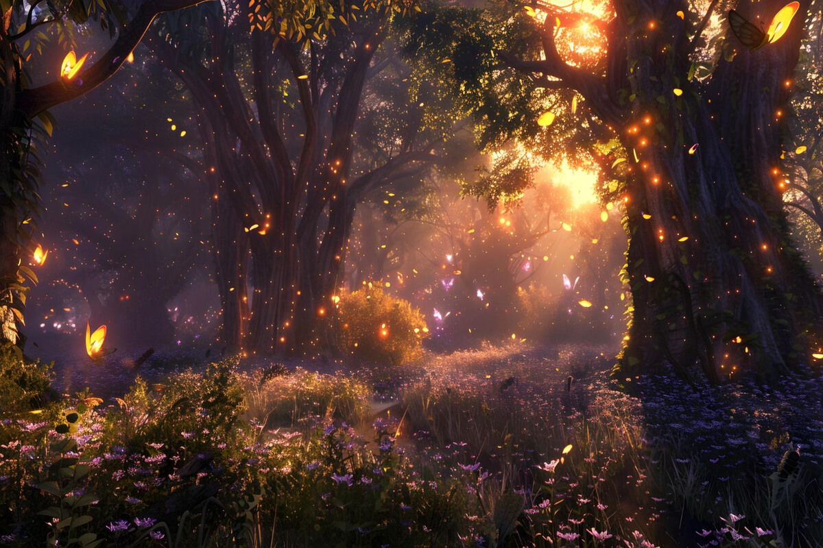 Magisk skog med lysende sommerfugler, glitrende partikler og gyllen solstråle som skinner gjennom trærne over en blomstereng, som illustrasjonsbilde for beskrivelsen av Peter Pan med égal teater på Skillebekk Scene