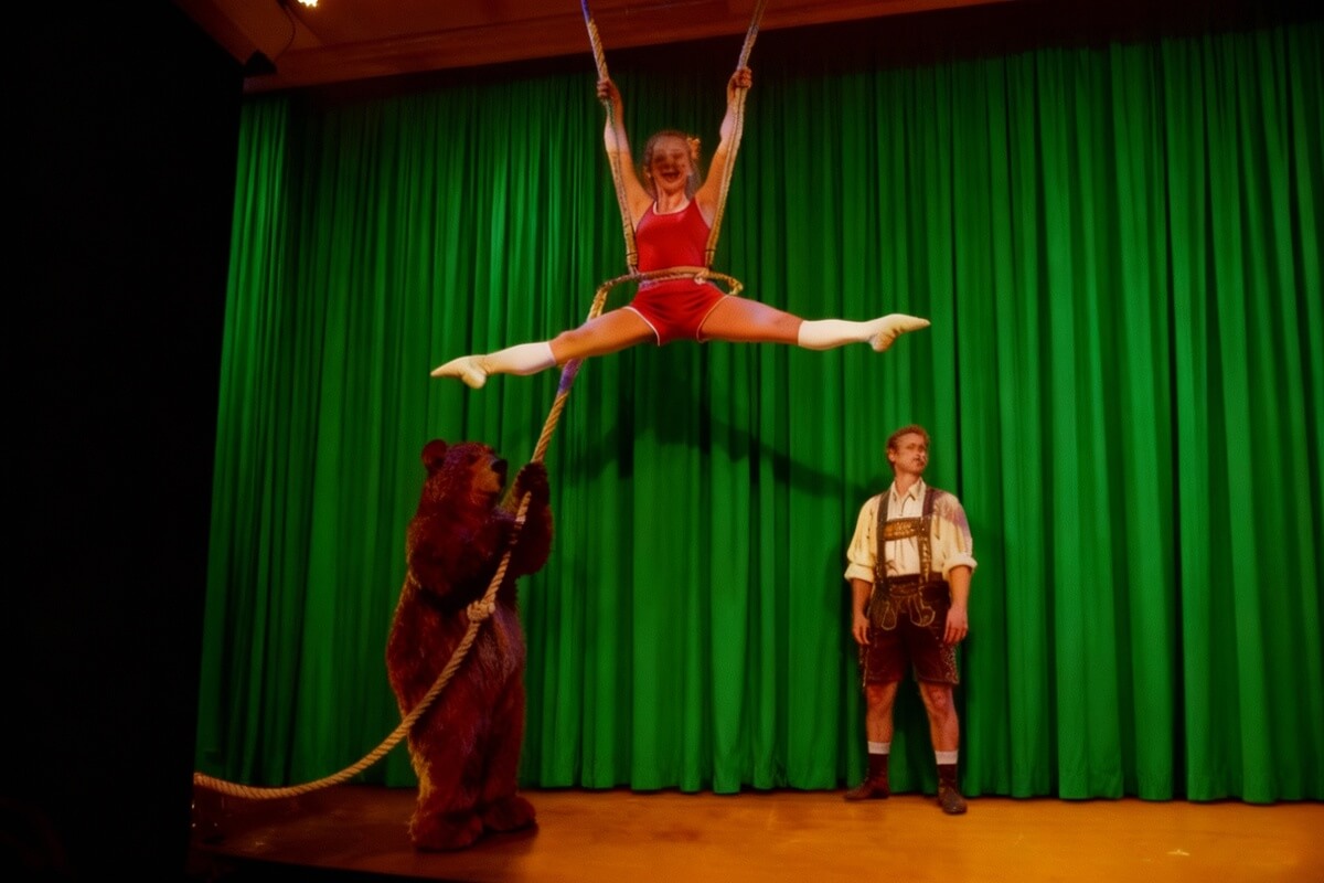 Illustrasjon av tre skuespillere på en teaterscene foran et grønt sceneteppe, brukt som illustrasjonsbilde for barneteater og familieforestillinger på Bærum Kulturhus i Sandvika