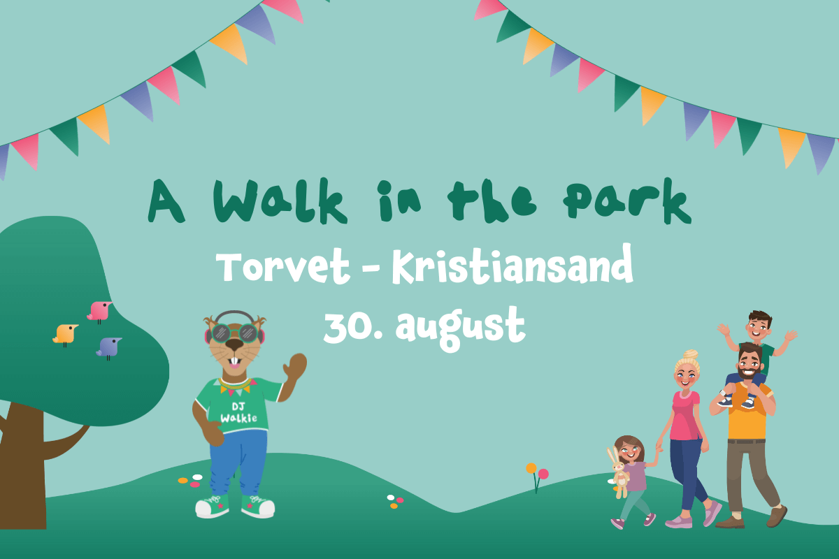 Plakat for familiefestivalen A Walk in the Park i Kristiansand med maskoten og en mor med en datter mot grønn bakgrunn