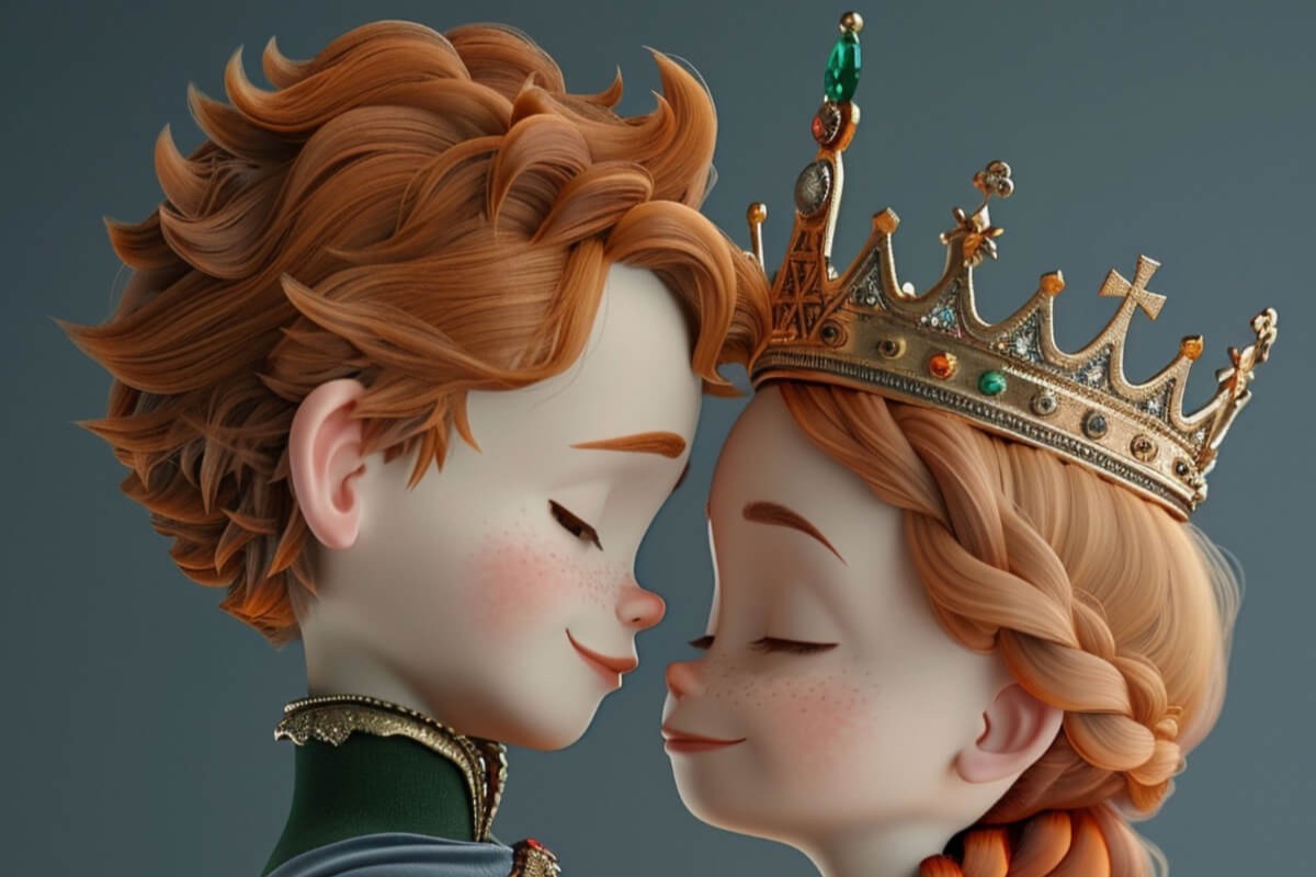 KI bilde av ansiktene til gutt og jente, hun med krone på hodet, som illustrasjonsbilde til Askeladden og de gode hjelperne på Kilden