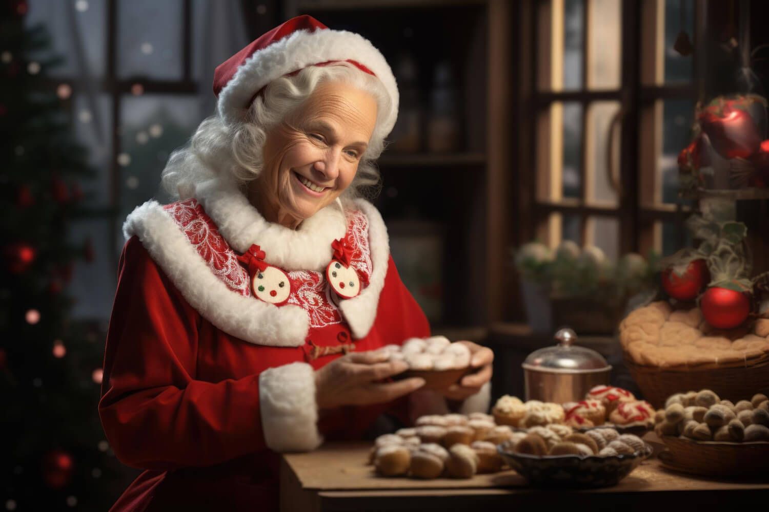 Eldre dame i julekostyme ved et bord med mange kaker som illustrasjonsbilde til Jul med Prøysen på Lillestrøm Kultursenter