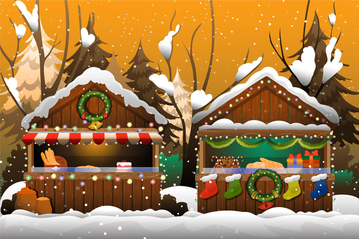 Illsutrasjon med to julepyntede markedsboder i brunt mot en oransjefarget himmel og snø på bakken som illustrasjon til julemarked på Kristiansand museum 