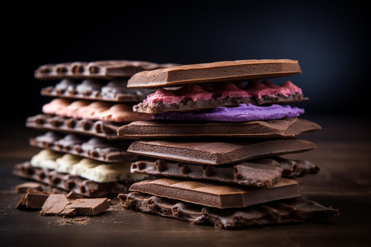 Sjokoladeflak lagt lagvis som illustrasjonsbilde til musikalen Charlie og sjokoladefabrikken på Lillestrøm Kultursenter