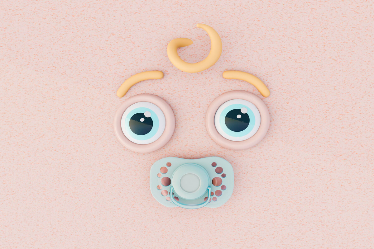 Illustrert babyansikt laget av plastringer, gul plast og smokk på rosa bakgrunn som illustrasjonsbilde for arrangementsbeskrivelsen av babyomvisninger på Nasjonalmuseet