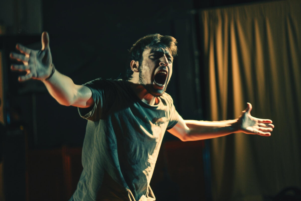 Mannlig skuespiller med armene til siden og åpen munn på en scene som illustrasjonbilde til beskrivelsen av forestillingen Fantasikontoret på Det Andre Teatret 