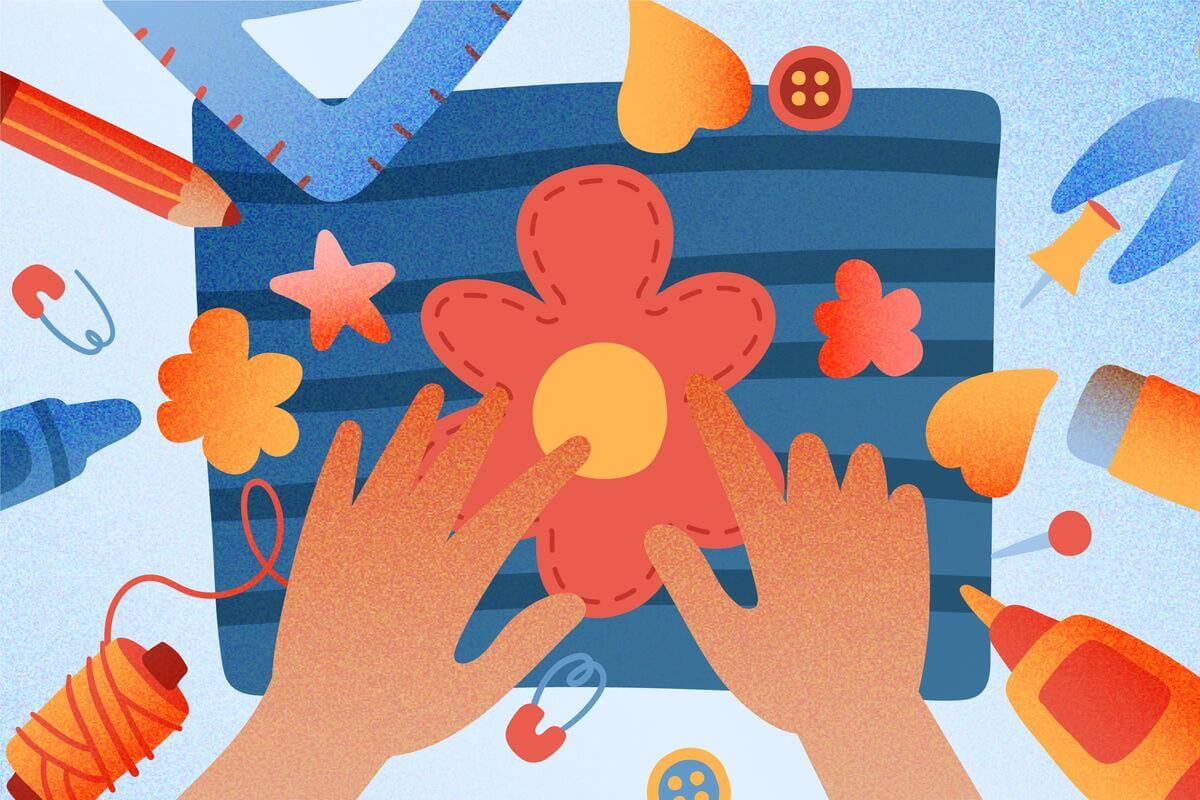 Illustrasjon med bilde av to hender på diverse tekstilmønstre som illustrasjon til skaperverksted med RELOVE på Klimahuset