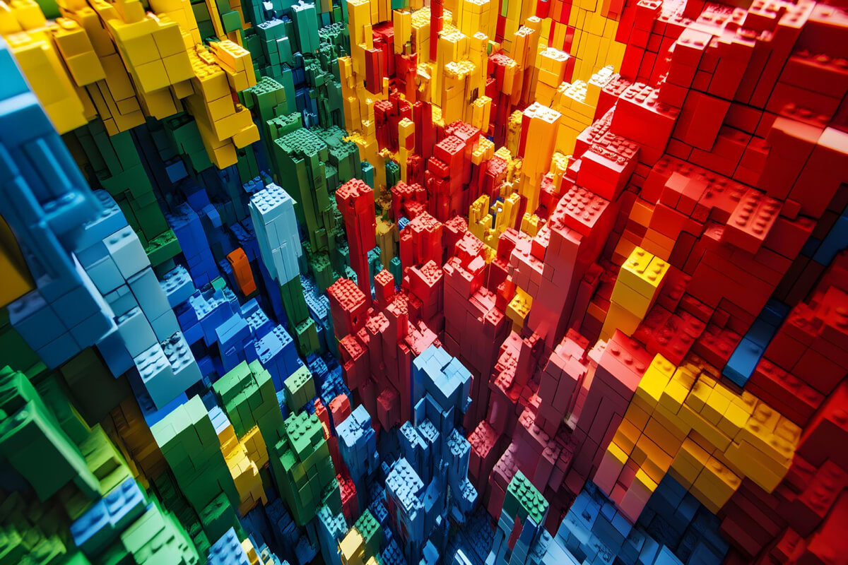 Lego klosser i mange farger og i forskjellige høyder tett i tett som illustrasjonsbilde for KLOSSexpo