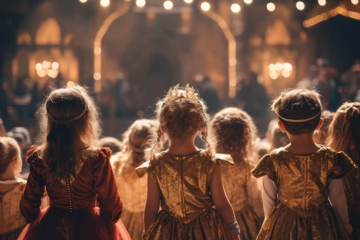 Barn i kostymer på en scene sett bakfra som illustrasjon til Musikaljentenes 10-års jubileum i Grieghallen