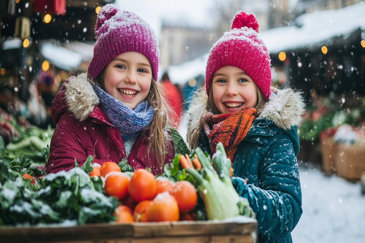 To jenter på et vintermarked med diverse grønnsaker i forgrunnen som illustrasjonsbilde til beskrivelsen av barne- og familieløypa på Rørosmartnan