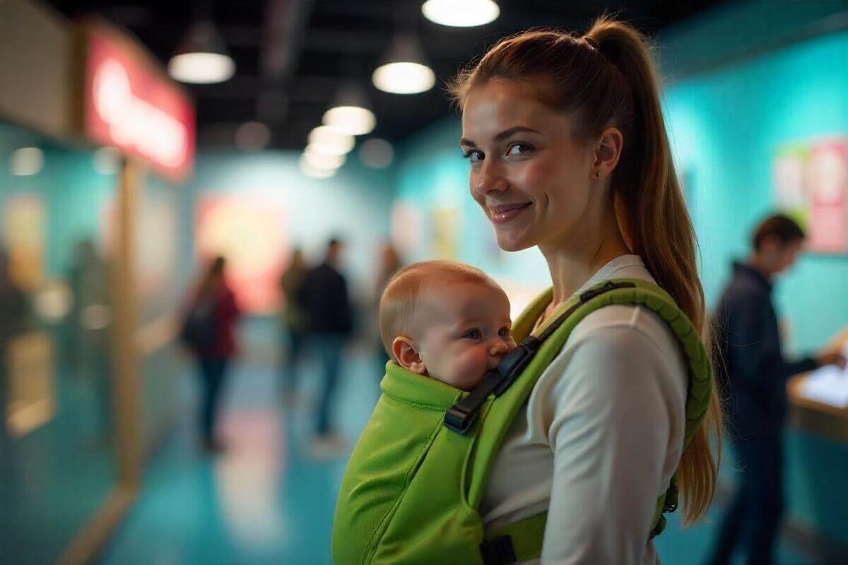 Mor med baby i grønn bæresele i et museum som illustrasjonsbilde for beskrivelsen av  babyomvisning på Oslo Museum