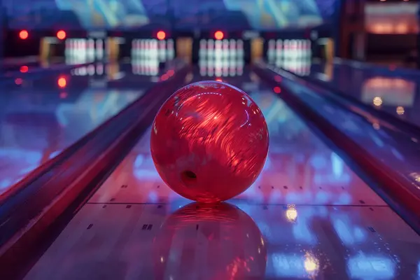 En rød bowlingkule ligger klar på banen med oppstilte kjegler i bakgrunnen