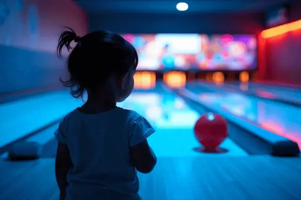 Et lite barn ser på en rød bowlingkule som triller nedover bowlingbanen i et opplyst lokale