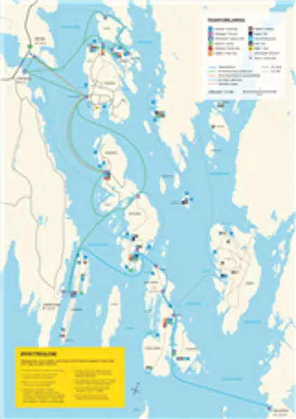 Kart utsnitt over Langesundsfjorden med fergeruter inntegnet 