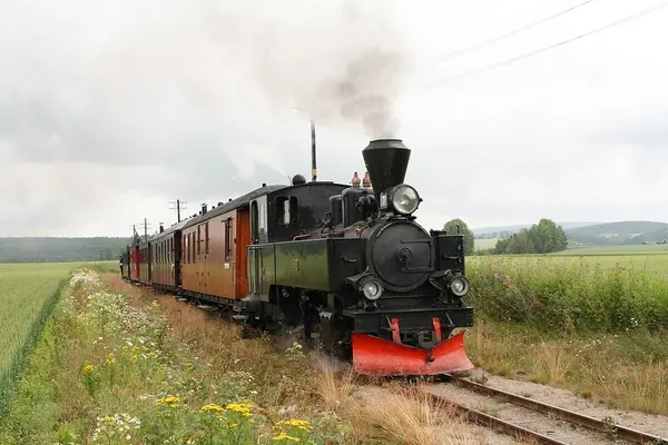 Damplokomotiv med passasjervogner på Urskog-Hølandsbanen i full fart med grønne jorder på begge sider