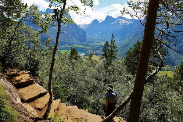 Naturtrapp i forgrunnen som klatrer oppover fjellet med to turgåere på vei opp, skog og fjellandskap i bakgrunnen
