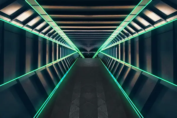 Tunnel med ribber på tvers og åtte laserlysstriper på langs