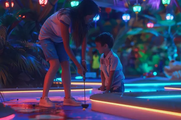 En kvinne og et barn spiller minigolf i en fargerik innendørs UV-belyst bane omgitt av tropisk dekor og lysinstallasjoner