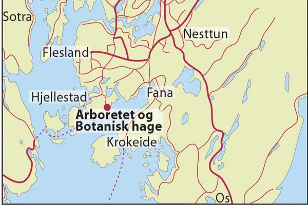 Kart syd for Bergen med avmerkning for plassering Arboretet og Botanisk hage