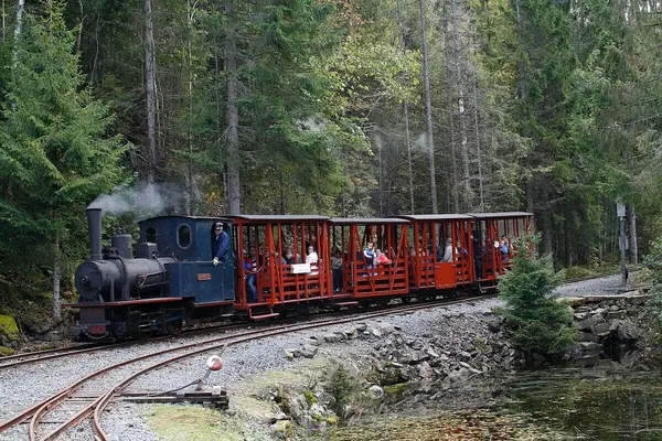Damplokomotivet med røde åpne vogner med passasjerer på Lommedalsbanen
