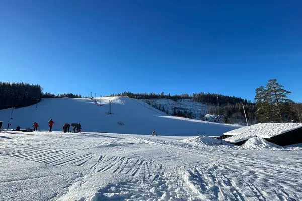Skileikområdet i bunnen av Kolsåsbakken og på toppen av barnebakken "Mygghenget", en bred kolle som skråner svakt ned mot Kolsåsstua til høyre i bildet, fotografert en solrik vinterdag