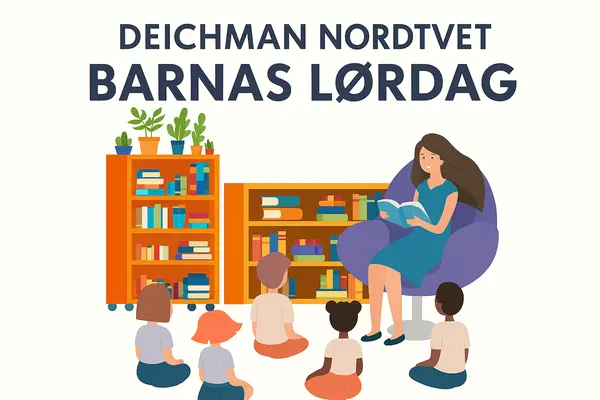 Kvinne leser høyt for seks barn foran fargerike bokhyller. Øverst står teksten «Deichman Nordtvet Barnas lørdag»