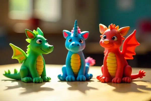 Fargerike gummifigurer av en grønn drage, en blå enhjørning og en rød drage plassert på et bord, som illustrasjonsbilde for beskrivelsen av Barnas lørdag på Deichman Bjørvika