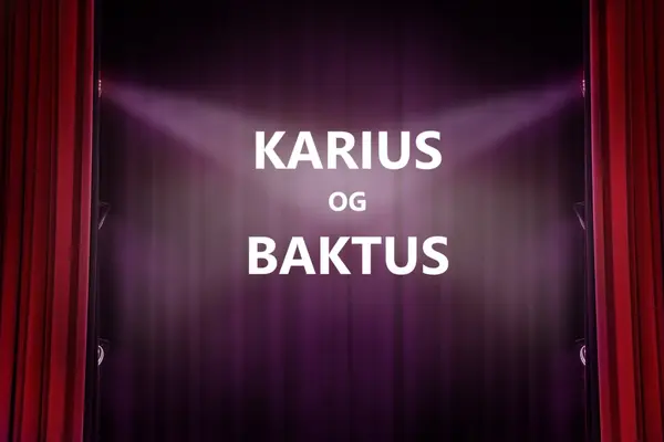 Illustrasjon av teaterscene med Karius og Baktus skrevet med store hvite bokstaver på sceneteppe, som illustrasjonsbilde for beskrivelse av forestillingen i Stavanger konserthus
