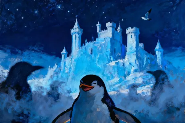 Illustrasjon av en smilende pingvin foran et isblått vinterpalass, laget som illustrasjonsbilde for beskrivelsen av familieforestillingen «Kong Vinter» i Lillestrøm Kultursenter