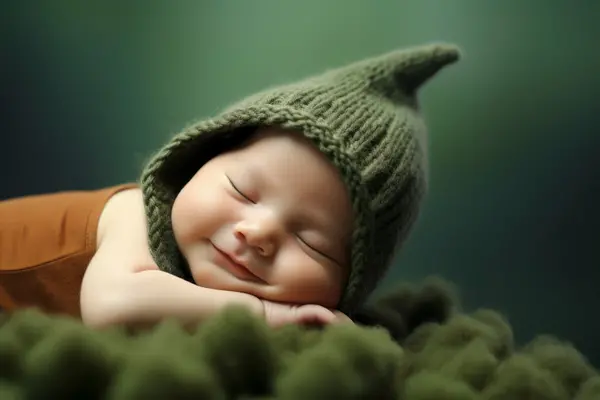 Baby sover fredelig med et smil, iført en grønn strikkelue med spiss hette, som illustrasjonsbilde for beskrivelsen av Musikkstund for babyer på KODE i Bergen