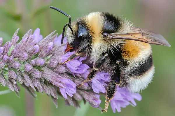 Nærbilde av humle på fiolett blomst, som illustrasjonsbilde for beskrivelsen av insektdag i Botanisk hage i Oslo