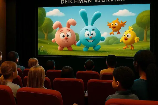 Barn og foreldre ser på en animert barnefilm i en liten kinosal som illustrasjonsbilde for beskrivelsen av Barnas kino på Deichman Bjørvika