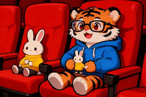 Illustrasjon av en tigerunge og en kanin som sitter klare i kinoseter, brukt som illustrasjonsbilde for beskrivelsen av Barnas Cinematek og barnefilm i helgene