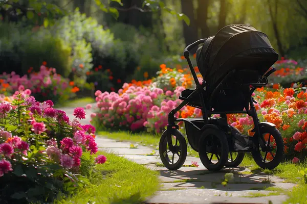 En barnevogn står parkert på en steinlagt sti omgitt av fargerike blomster, som illustrasjonsbilde for beskrivelsen av babyomvisning i Botanisk hage i en botanisk hage
