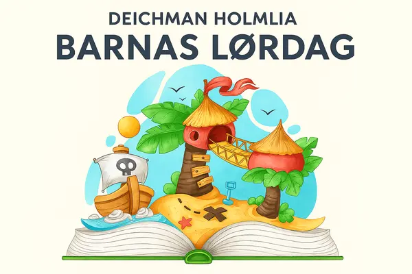 En fargerik illustrasjon av en åpen eventyrbok med en sjørøverscene, palmer og trehytter, med teksten DEICHMAN HOLMLIA BARNAS LØRDAG øverst i bildet