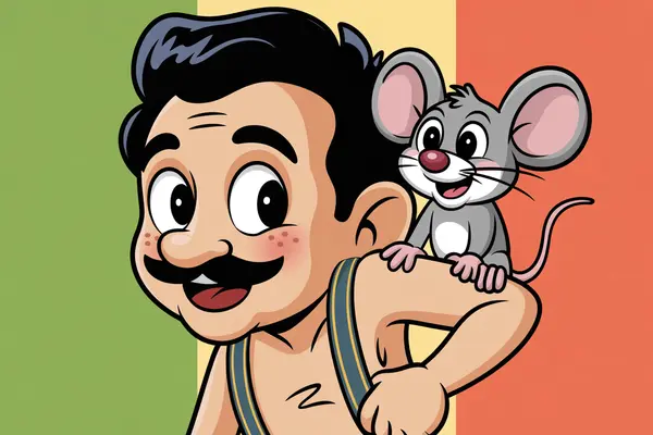 Illustrasjon av en smilende mann med bart og en liten mus på skulderen, brukt som illustrasjonsbilde for beskrivelsen av dukketeaterforestillingen Baldrian og Musa på Teateret i Kristiansand