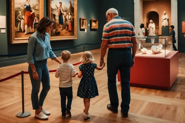 Familie med barn besøker en kunstutstilling på museum og ser på malerier og skulpturer som illustrasjonsbilde for beskrivelsen av familieverksted på søndager i Nasjonalmuseet