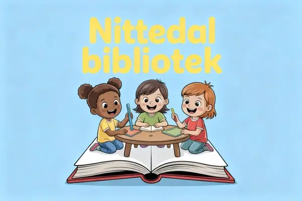 Illustrasjon av tre barn som tegner og leser rundt et bord formet som en åpen bok, brukt som illustrasjonsbilde til omtalen av Familielørdag på Nittedal bibliotek