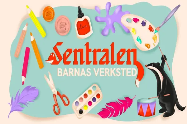Illustrasjon med blyanter, saks, maleskrin, malepalett, fjær, tromme på turkis bakgrunn som illustrasjon for Barnas Verksted på Sentralen