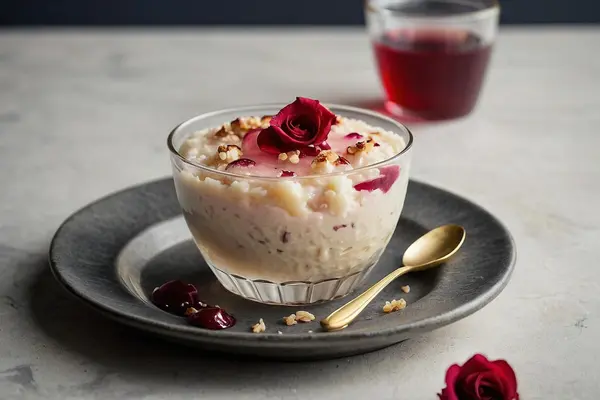 Glass med grøt og rød saft på tallerken som illustrasjonsbilde til arrangementsbeskrivelsen for Lillelørdag på Litteraturhuset i Bergen